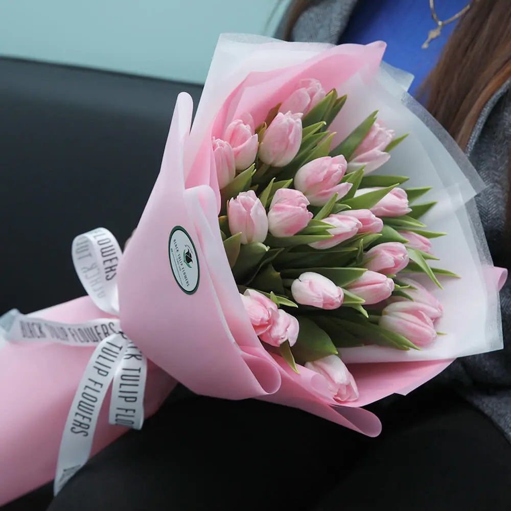 A group of blooming pink tulips with lush green leaves, showcasing the beauty of spring